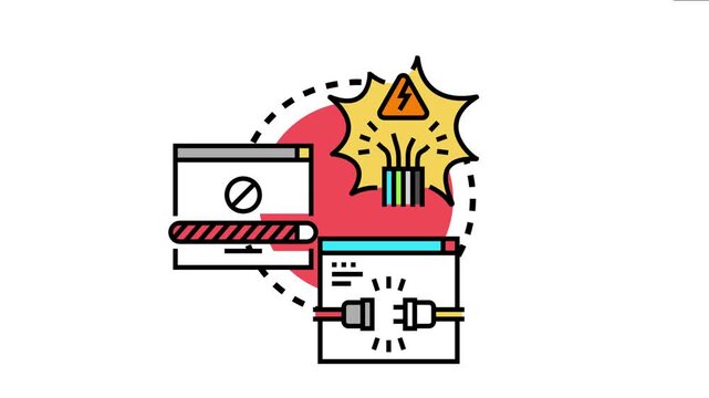 System displaying network interruption and a broken data connection while an it expert works on reconnecting and repairing the faulty server
