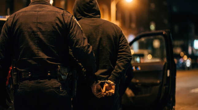 Officer escorting handcuffed suspect at night beside patrol vehicle