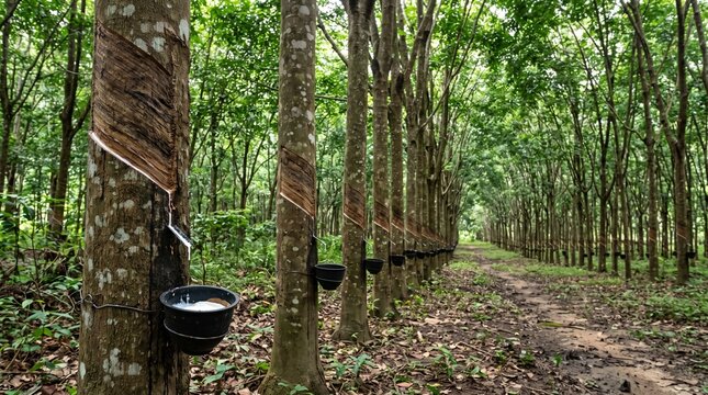 Latex tapping from rubber trees in a tropical plantation