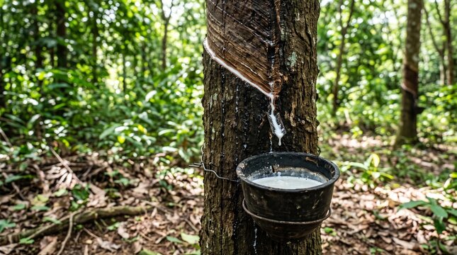 White latex sap dripping from tapped rubber tree in plantation