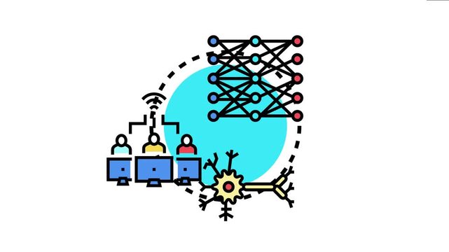 Network layer system visualizing data communication and computational processes, connecting multiple users with a neural network structure for information technology solutions