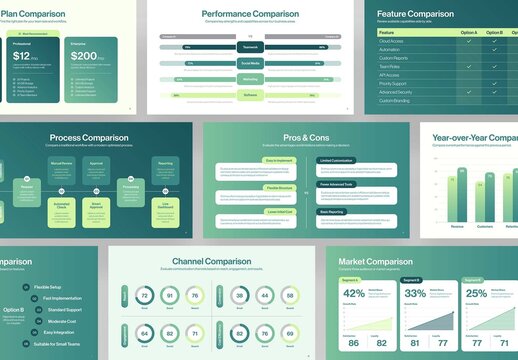 Comparison Infographic Presentation Template, Business Slide Deck with Data Charts, Product & Feature Comparisons, Pricing Tables and Performance Analysis