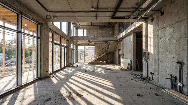 Interior view of a building under construction with exposed concrete walls, floor-to-ceiling windows, open floor plan, and visible ceiling pipes and electrical conduits