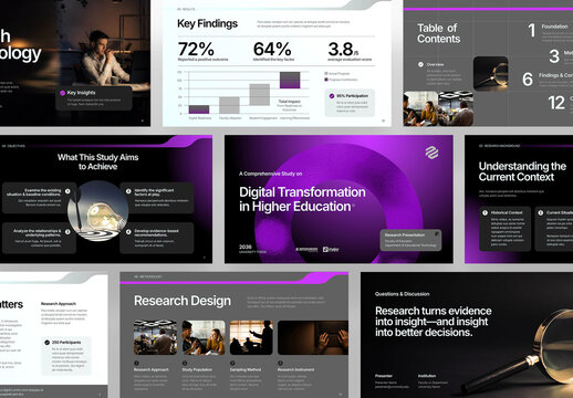 Thesis Defense Presentation Template, Editable Dissertation & Academic Research Slide Deck with Purple Gradients, Charts & Infographics