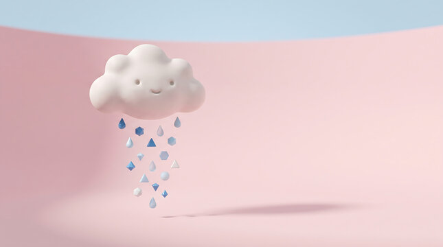 3D ceramic cloud character with a smiling face, raining small blue geometric shapes and droplets against a soft pastel pink and blue background
