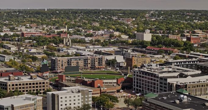 Dayton Ohio Aerial v13 zoomed flyover downtown area capturing ballpark, charming local cityscape and picturesque hillside scenery - Shot with 5k Camera - Sept 21st 2023