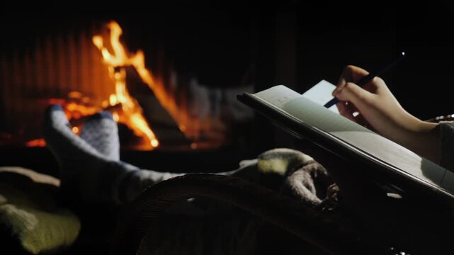 Person writing in a notebook while relaxing by a cozy fireplace at home.