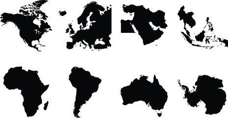 Black Silhouette Vector Map Set of World Continents and Major Regions for Infographics © Designer Arif