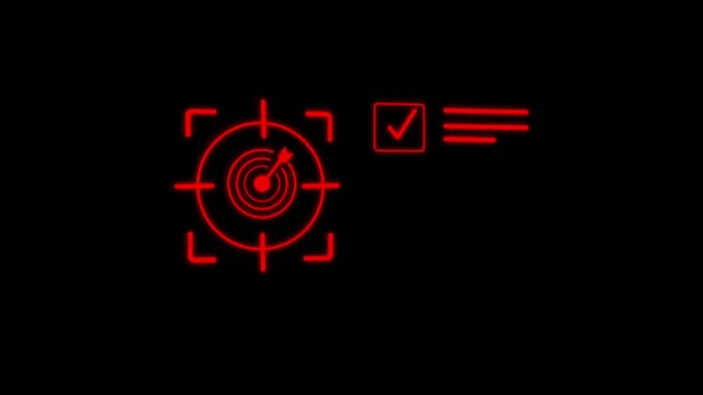Target Acquired Concept with Red Arrow Hitting Bullseye on Dark Background.Target arrow with checklist tick mark boxes icon animation for goal achievement planning and strategy