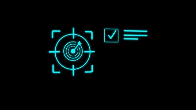 Target Acquired Concept with Red Arrow Hitting Bullseye on Dark Background.Target arrow with checklist tick mark boxes icon animation for goal achievement planning and strategy
