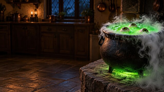 Witch cauldron with green glowing potion and floating eyeballs in spooky dimly lit old wooden kitchen