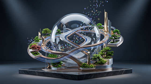 3D sculpture of a glass sphere containing a miniature city with winding elevated tracks, green trees, and floating digital symbols on a dark marble base