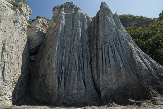 Towering white tuff rock pillars eroded into ridges at Hotokegaura Aomori