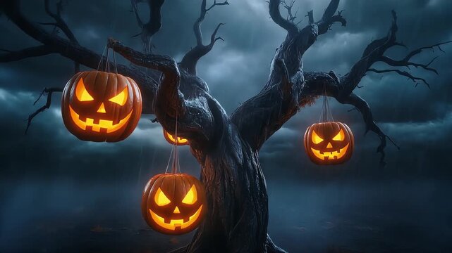 Spooky glowing jack o lanterns hanging from dead tree branches in dark eerie night forest video footage