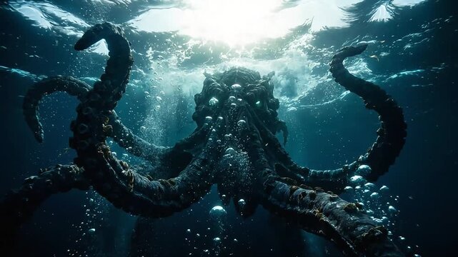 Giant kraken monster rising from the dark ocean depths with powerful moving tentacles in cinematic video footage