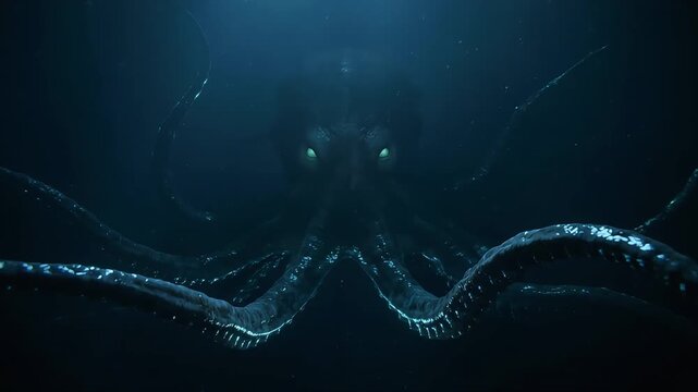 Giant octopus swimming in dark deep ocean water with glowing eyes showing motion video footage clip