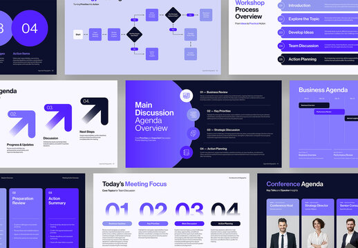 Meeting Agenda Infographic Presentation Template, Business Slide Deck for Workflow Planning, Conference & Workshop Schedules