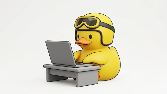 Funny yellow duck wearing a pilot helmet and goggles is working on a laptop computer