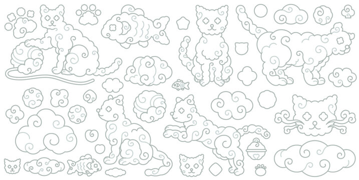 和風な雲模様の猫と飾りあしらいイラストセット