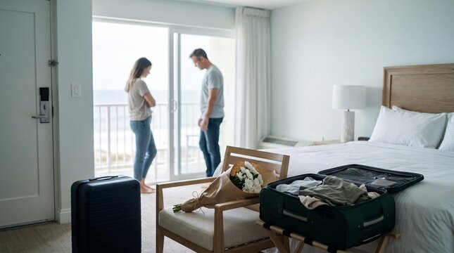 Young couple standing in a hotel room near the ocean, looking conflicted  