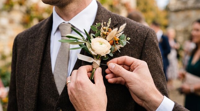 Man in brown suit receiving boutonniere at outdoor wedding ceremony  