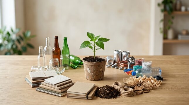 Sustainable Living Concept Featuring Recycled Materials and a Growing Green Plant for Environmental Conservation and Eco Friendly Lifestyle
