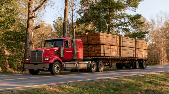 ndustrial heavy duty truck trailer hauler delivering wood lumber on highway road in Lynchburg, Virginia rural countryside 