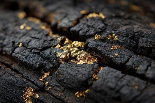 Macro close-up of charred dark wood texture featuring shimmering gold metallic particles embedded within the deep cracks and crevices of the burnt surface.