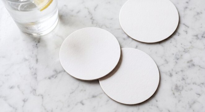 Photorealistic mockup of blank white round paper coasters on marble