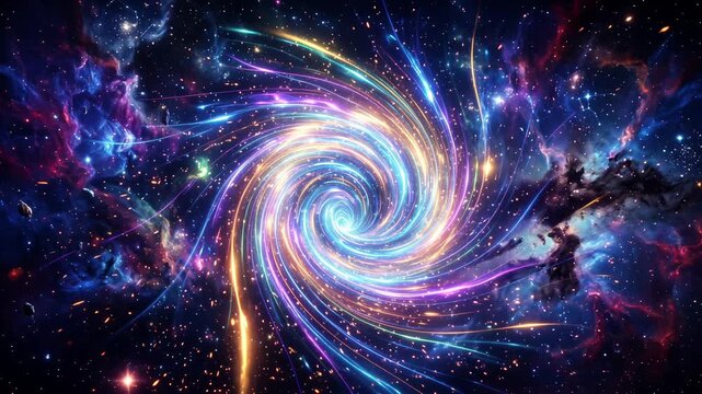 Luminous cosmic vortex spinning through a star filled nebula, creating a hypnotic spatial display
