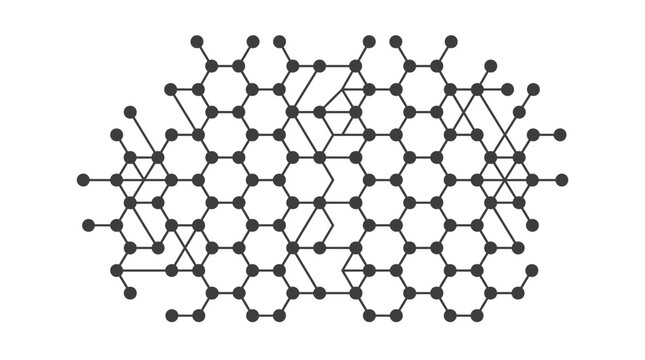 Complex geometric vector network pattern featuring connected dots and lines creating hexagonal structures