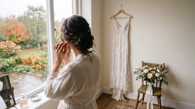 Young woman getting ready for wedding in cozy indoor setting  