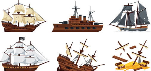 Historical Sailing Vessel and Sunken Pirate Shipwreck Vector Icon Set Featuring Galleon Ships, Ironclad Battleship, Sinking Fleet, and Underwater Treasure Gold Chest Illustrations © MdNurjjamal