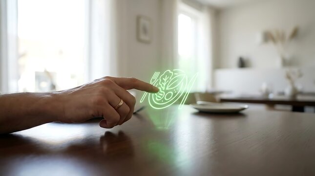 Customer using digital holographic menu at a restaurant table.