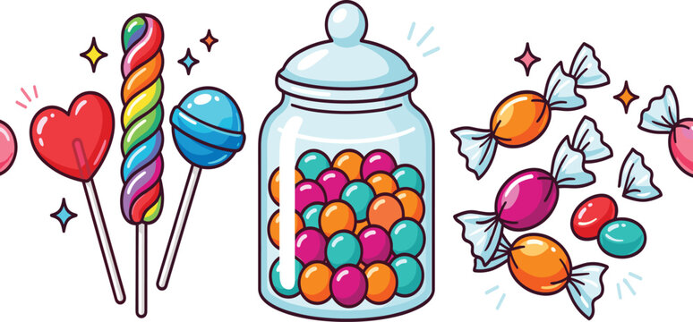 Colorful Sweet Candy Jar and Lollipop Confectionery Dessert Vector Illustration Featuring Rainbow Swirl Pops, Heart Candy, and Wrapped Treats for Birthday Party Backgrounds