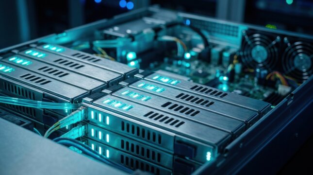 Glowing solid-state drive array with status LEDs inside an open server chassis representing modern data storage infrastructure.
