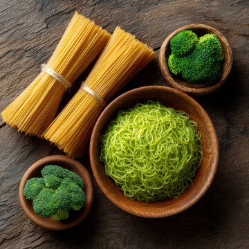 Overhead view of raw wheat spaghetti bundles, a bowl of jade green noodles, and fresh broccoli florets in wooden bowls on a rustic dark wooden surface.