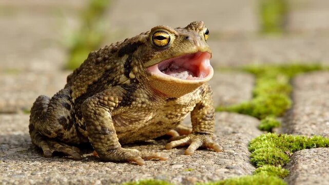 Common toad sitting on a stone pavement and opening its mouth wide while making sounds