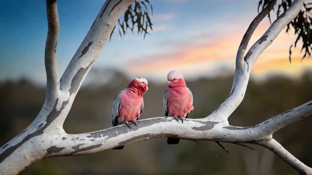 Two native australian galah parrots interacting on a eucalyptus branch with a colorful sunset sky