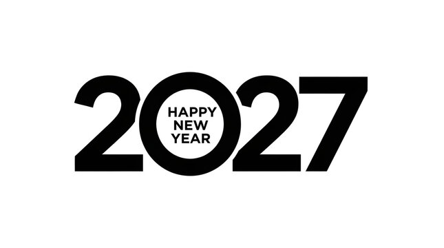 Minimalist black and white graphic design featuring the year 2027 with happy new year text inside the zero digit icon