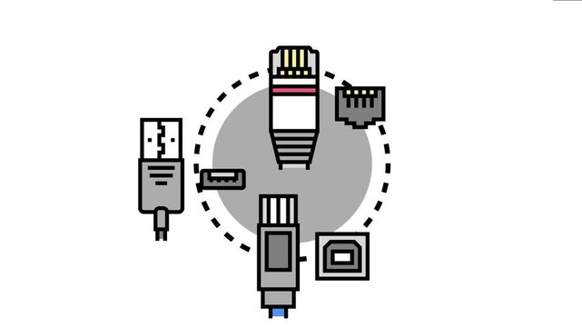 Network cable port type connectors illustrate different standards for connecting devices, showing various interfaces for data transmission and digital communication