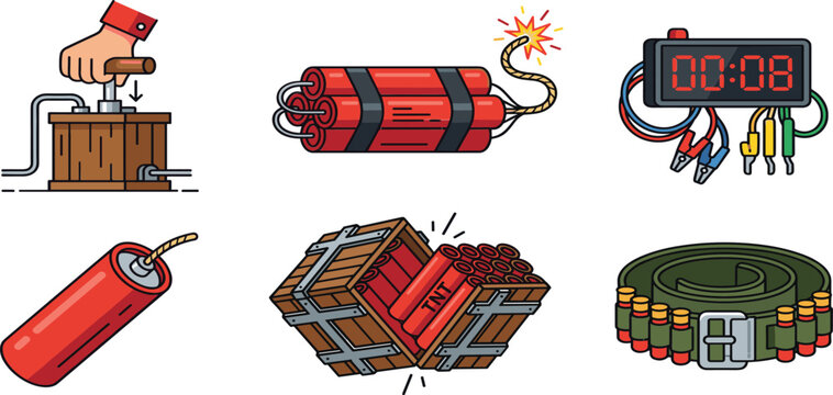 Explosive TNT and Dynamite Hazard Icon Set Featuring Detonator Box, Burning Fuse, Digital Timer Bomb, Wooden Ammo Crate, and Cartridge Belt Vector Illustrations for Game UI Assets