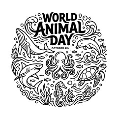 Fototapeta premium World Animal Day circular badge with hand drawn marine life illustrations