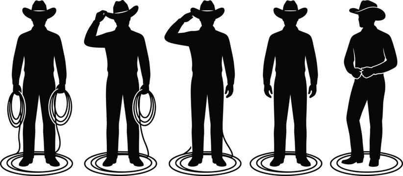  Full body western rancher cowboy standing poses vector graphics set with lasso ropes and traditional hats