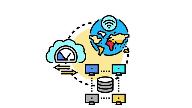 Global network operating with data transfer, managing bandwidth usage, cloud computing, and efficient data exchange between diverse connected devices