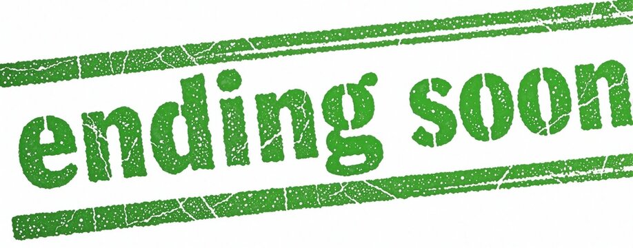 Green rubber stamp with text ending soon on white background. Distressed grunge texture sign indicates limited time offer. Sale promotion banner countdown notification for marketing. Urgent message