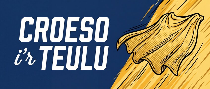 Welsh welcome family banner Croeso ir teulu superhero cape pop art background comic book style horizontal header typography illustration with motion speed lines hero theme greeting card design banner