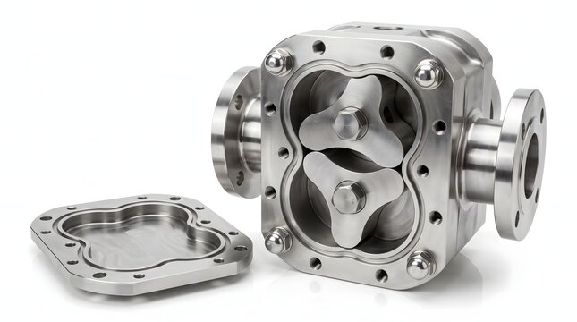 Disassembled stainless steel rotary lobe pump on a white background.