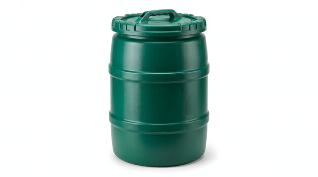 Green plastic rain barrel container with lid for garden water storage.