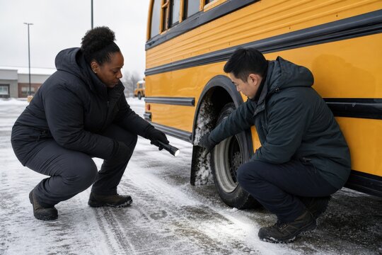 School bus pre-trip inspection team checking snow near a wheel well